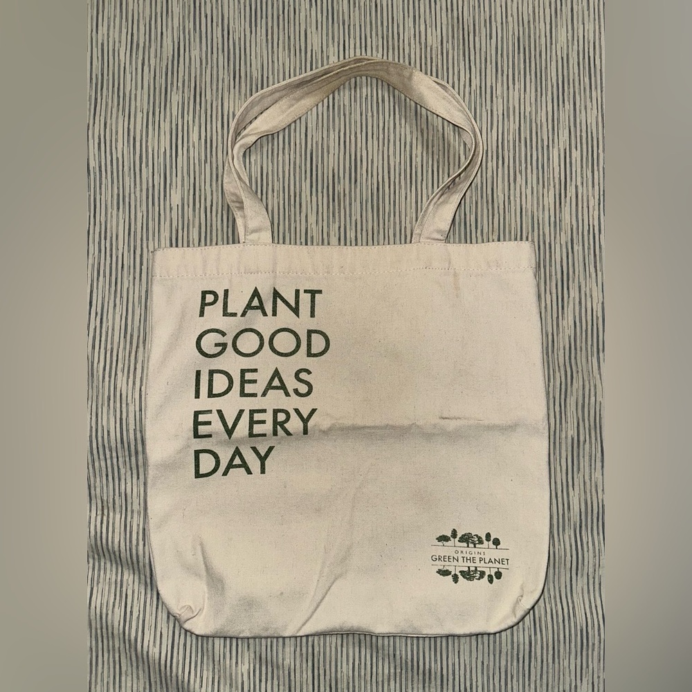 ORIGINS Canvas Tote Bag with Green Text - Plant Good Ideas Every Day